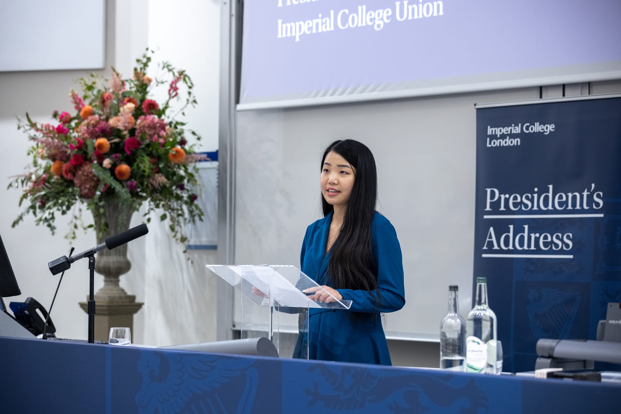 Union President Hayley Wong introduces Hugh Brady