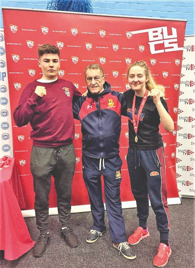 Daniel Burridge (Bronze medallist for Men’s Open, 69-75kg, 11-20 bouts), Imperial Coach George Burton and Aileen Cooney (Gold medallist for Women’s Novice, 54-57kg, <5bouts) // ICB