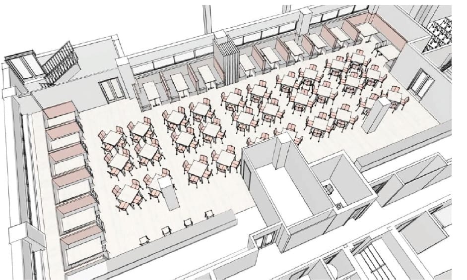 An architect’s image of an example layout of the Holland Club space