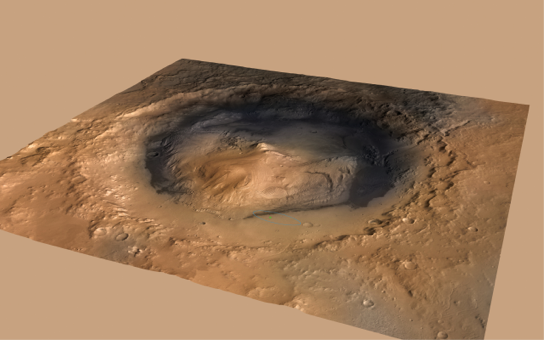 View of Gale crater with Mount Sharp at its centre, reconstructed from data by three Mars orbiters