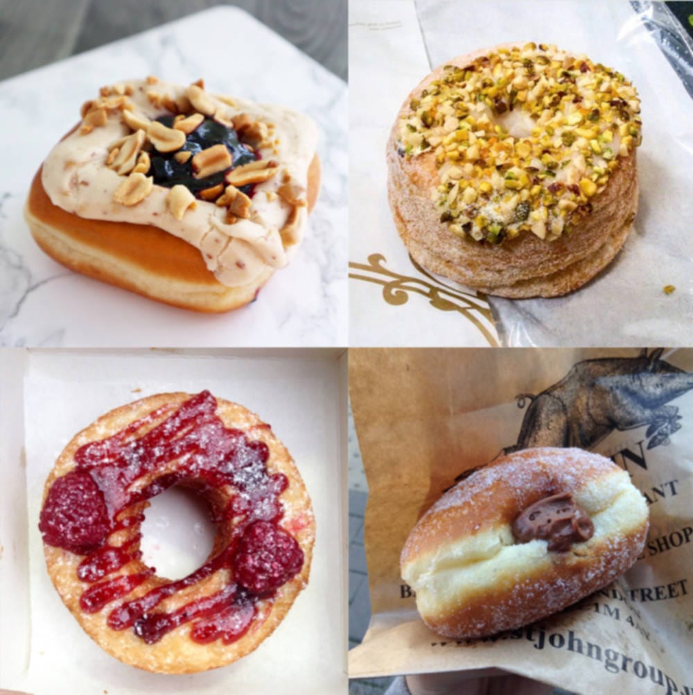 CW from top left: PB&J, pistachio cronut, chocolate, raspberry cronut. 