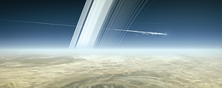 An artist's rendering of Cassini burning up in space, as it approaches Saturn and completes its mission