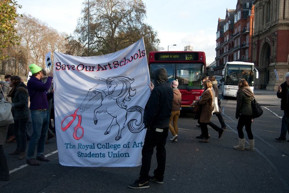 Royal College of Art students block Kensington Road
