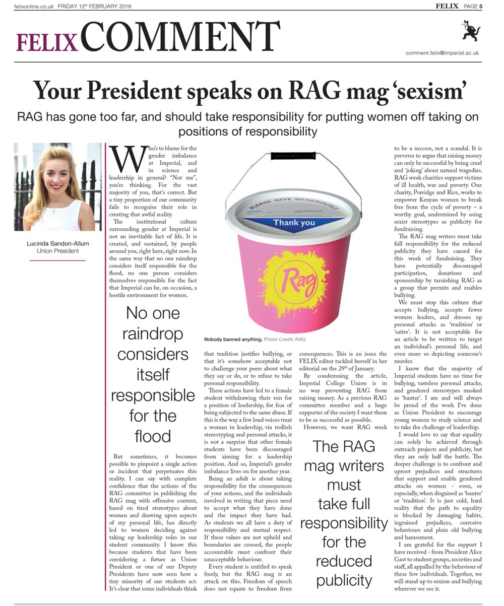 Letters - In response to 'Your union president speaks on RAG mag 'sexism'', Issue 1626
