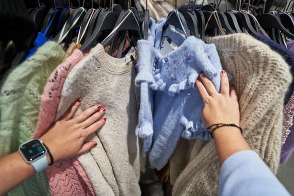 Point of view photo of unrecognizable woman choosing her goods during sales days