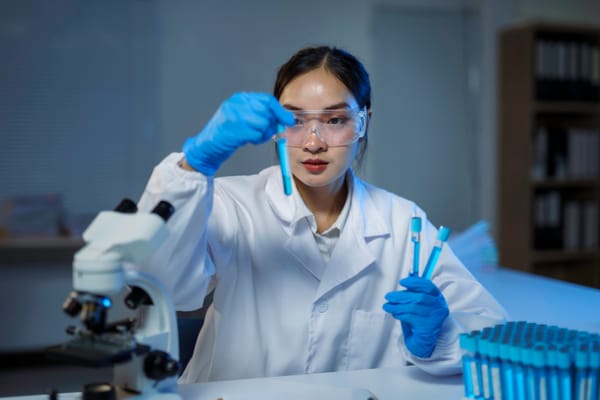 Scientist analyzing blue liquid in test tubes in laboratory