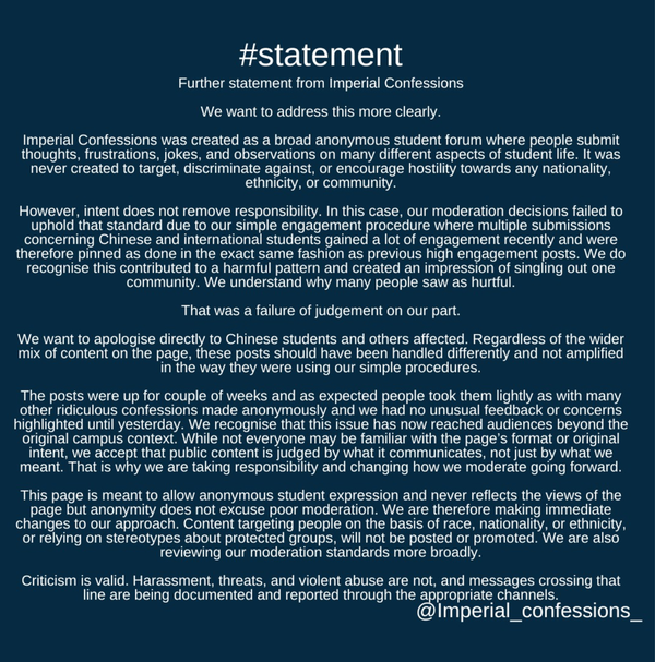 Imperial Confessions faces backlash after featuring posts targeting Chinese students