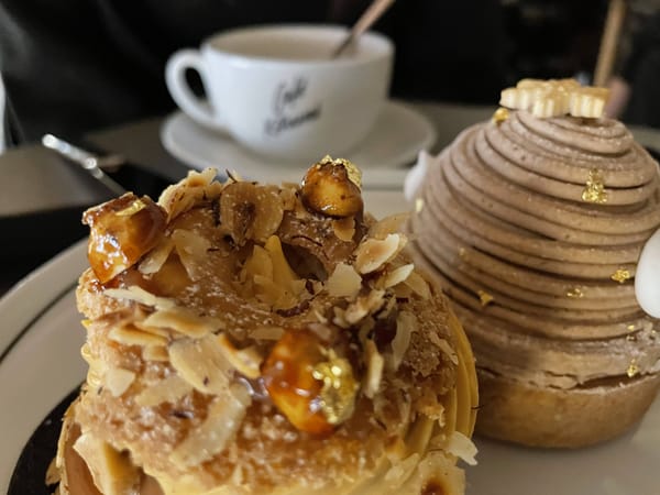 Hazelnut, Bannana & Yuzu Paris-Brest on the left and the seasonal dessert Mont Blanc on the right