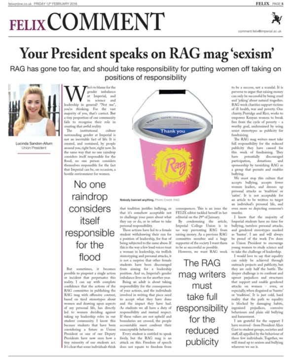 Letters - In response to 'Your union president speaks on RAG mag 'sexism'', Issue 1626
