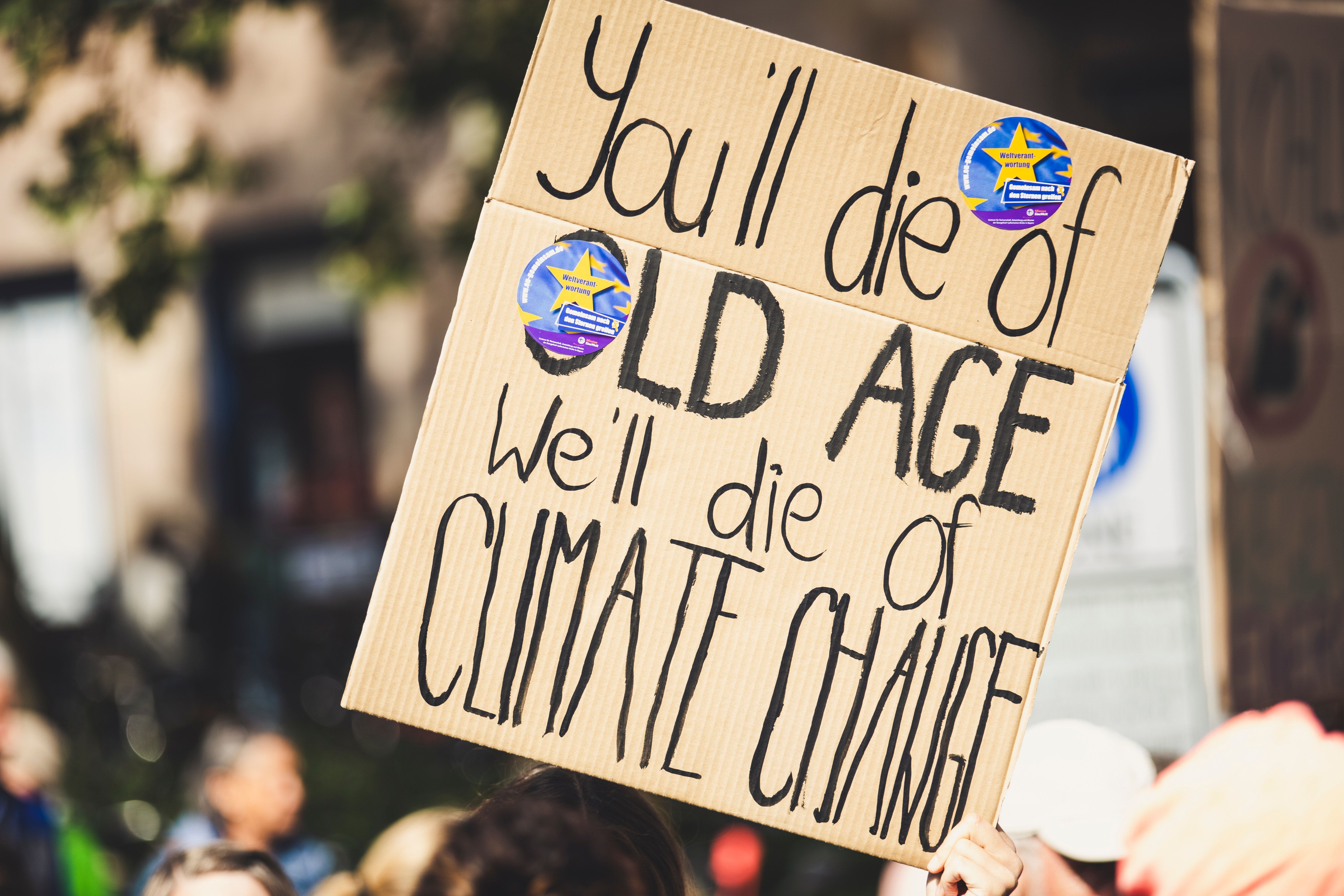 A protest sign showing the words "you'll die of old age, we'll die of climate change"